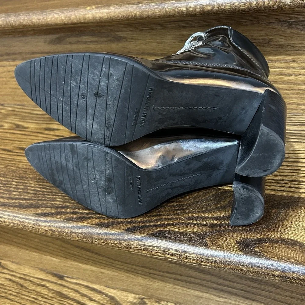 Stuart‎ Weitzman Women's 8M Metallic Gunmetal Patent Leather Ankle Boots Block